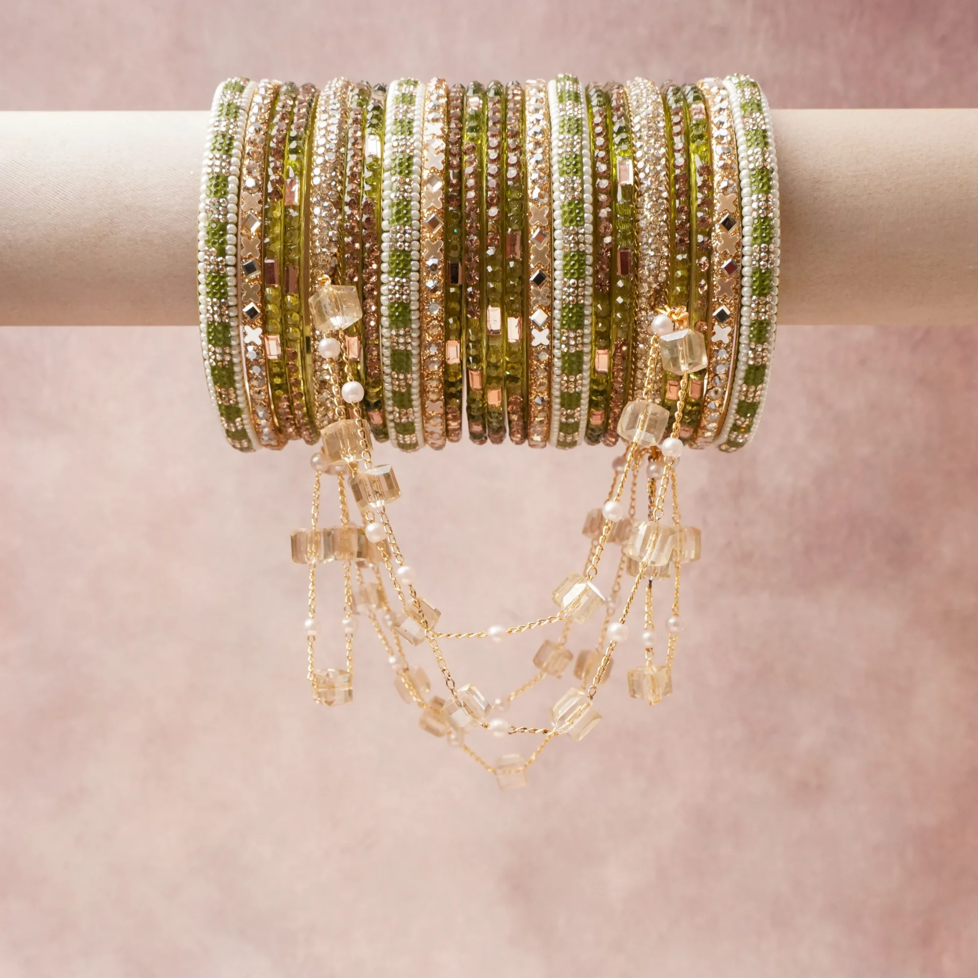 A commanding Olive Green anchors this beautiful set, enriched with accents of Silver, White, Clear that add depth and dimension.

Featuring a striking composition of Glass, Rhinestones, Gold-toned Metal, Pearls, Crystals, this set carries intricate craftsmanship and strong presence. Grand in form, it is created for moments that deserve to be marked.